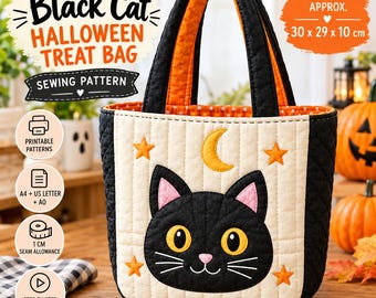 Black Cat Halloween Treat Bag Sewing Pattern, Trick or Treat Bag PDF, Quilted Tote Pattern, DIY Halloween Bag