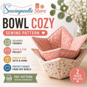 Soup Bowl Cozy Sewing Pattern PDF | Easy Beginner Sewing | Microwave Safe Bowl Holder Tutorial | Quilted Hot Bowl Cozy | Fabric Bowl Holder