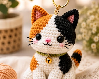 Cat Keychain Crochet Pattern PDF | Cute Calico Amigurumi Kitty Bag Charm | Easy Beginner Crochet Tutorial | Instant Download