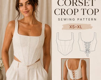 Corset Crop Top Sewing Pattern PDF, Square Neck Lace-Up Back, Basque Waist, XS-XL