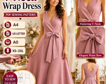 V-Neck Wrap Dress Sewing Pattern | Beginner Friendly | Sleeveless A-Line Boho Sundress (PDF Download)