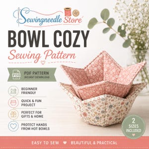May include: A sewing pattern for a bowl cosy from Sewingneedle Store, featuring a PDF download. The image shows two quilted fabric bowl cosies with floral patterns in pink, white, and blue, stacked together. Text includes BOWL COZY Sewing Pattern.