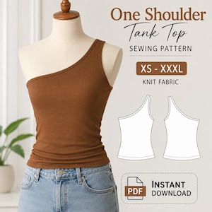 Può includere: Una canotta marrone monospalla indossata su un manichino con jeans blu. Il testo recita One Shoulder Tank Top SEWING PATTERN XS - XXXL KNIT FABRIC INSTANT DOWNLOAD PDF. Include un disegno al tratto bianco del davanti e del retro del top.