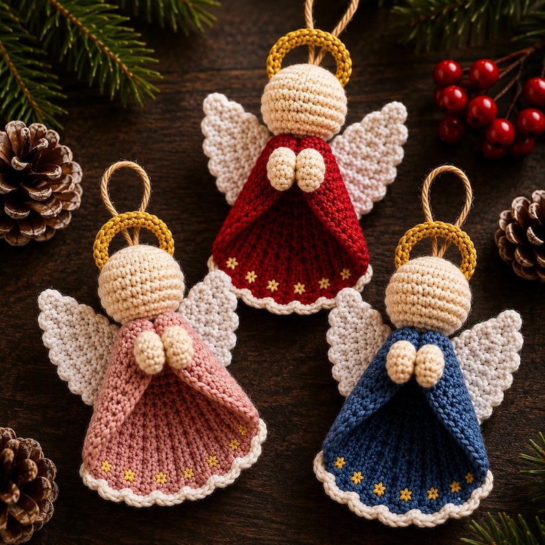 K&ouml;nnte beinhalten: Drei handgefertigte H&auml;kel-Engel-Anh&auml;nger mit beigen K&ouml;pfen, gelben Heiligenscheinen und wei&szlig;en Fl&uuml;geln. Jeder Engel tr&auml;gt ein Kleid in Rot, Altrosa oder Blau, das am gebogten Saum mit kleinen gelben Sternstickereien und einer Schlaufe versehen ist.