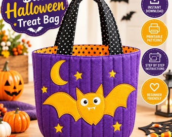 Bat Halloween Treat Bag Sewing Pattern PDF, Quilted Trick or Treat Bag, DIY Halloween Bag Pattern, Instant Digital Download