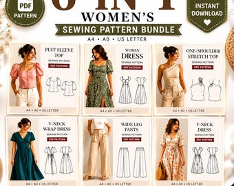 6 Sewing Pattern Bundle PDF | Women's Sewing Patterns | Dress Pattern, Puff Sleeve Top, One Shoulder Top, V Neck Wrap Dress| A4 US Letter A0