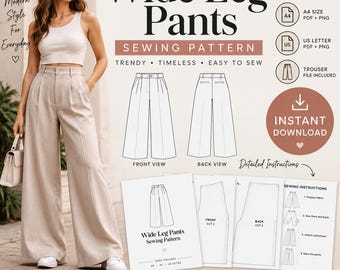 Wide Leg Pants Sewing Pattern | High Waist Trousers PDF Pattern | Women's Palazzo Pants Pattern | A0 A4 US Letter Printable Sewing Pattern