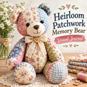 May include: A patchwork teddy bear made of various floral and checkered fabric patterns in shades of pink, blue, and green. The bear features a cream lace bow with a small wooden heart charm and black button eyes. Text reads: Heirloom Patchwork Memory Bear Visual Journal.