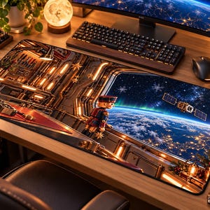 Könnte beinhalten: Eine rechteckige Schreibtischunterlage mit einer detaillierten Illustration eines Nussknackers, der aus einem Raumschifffenster auf die Erde, einen Satelliten und Polarlichter blickt. Das Innere des Schiffs ist mit warmem Licht beleuchtet.