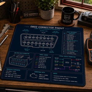 May include: A dark blue rectangular desk mat featuring a white and multi-colored technical diagram of an OBD2 connector pinout. The mat displays detailed pin references, signal legends, vehicle connection schematics, and protocol information.