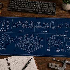 Peut inclure: Un tapis de bureau rectangulaire bleu foncé avec un motif de plan technique blanc. L'impression présente des composants d'ingénierie, notamment des goupilles de positionnement, des brides, des supports, des butées et un schéma de positionnement 3-2-1.