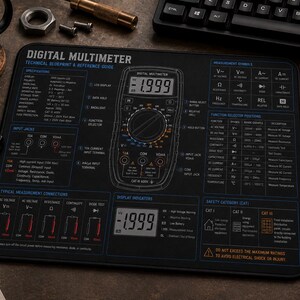 May include: A black rectangular desk mat featuring a detailed technical blueprint of a digital multimeter. The mat displays white and blue text, diagrams, and specifications, including measurement symbols, function selector positions, and safety categories.