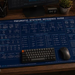 May include: A rectangular desk mat featuring a dark blue background with white technical diagrams and text titled PNEUMATIC SYSTEMS REFERENCE GUIDE. The mat displays various engineering components, circuit symbols, and maintenance practices.