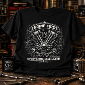 Pode incluir: Uma t-shirt preta de manga curta com uma impressão gráfica branca de um motor em V com pistões. O texto "ENGINE FIRST" aparece numa faixa acima do motor, e "EVERYTHING ELSE LATER" está impresso numa linha reta abaixo do gráfico.