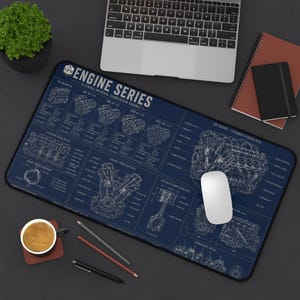 Alfombrilla de escritorio con diseño de plano de motor, alfombrilla de ratón con diseño de motor V8, configuración de escritorio para ingeniería automotriz, regalo para mecánicos, alfombrilla de escritorio para entusiastas de los automóviles, arte de planos