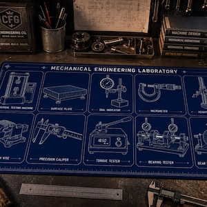 May include: A rectangular dark blue desk mat featuring white line art illustrations of mechanical engineering tools. The text reads MECHANICAL ENGINEERING LABORATORY, with labels for universal testing machine, surface plate, dial indicator, micrometer, height gauge, bench vise, precision caliper, torque tester, bearing tester, and gear inspection fixture.