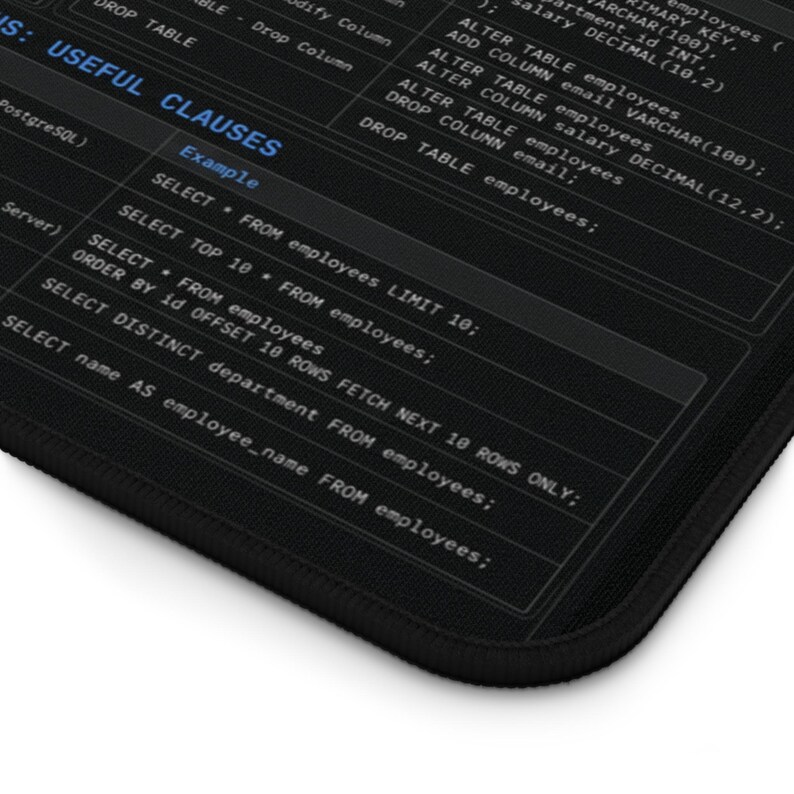Alfombrilla de escritorio con hoja de trucos de SQL / Referencia de programación, tema oscuro imagen 8