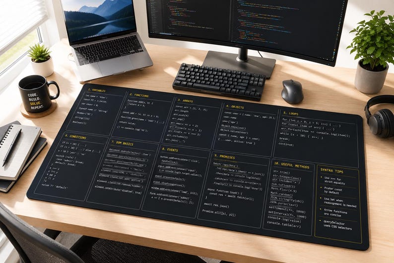 Tapete de mesa com guia rápido de JavaScript | Referência de programação, ferramenta para desenvolvedores imagem 2