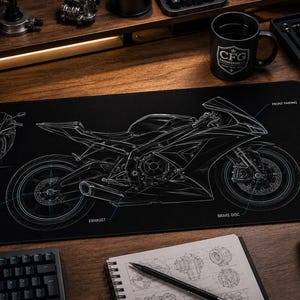 Sport Motorcycle Blueprint Desk Mat | Superbike Technical Illustration