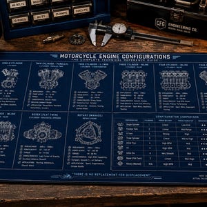 May include: A rectangular dark blue desk mat featuring a white technical blueprint design titled Motorcycle Engine Configurations. The mat displays various engine types, technical specifications, and a configuration comparison chart with text.