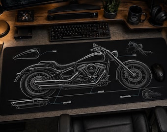 Cruiser Motorrad Blueprint Schreibtischmatte | Vintage Chopper Schreibtischunterlage