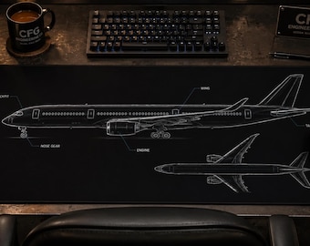 Schreibtischunterlage für Luftfahrt-Baupläne, technische Zeichnung eines Passagierflugzeugs, Mauspad für Ingenieure