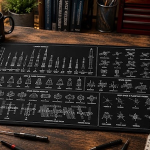 May include: A black rectangular desk mat featuring white technical line drawings of various space exploration vehicles, including launch vehicles, satellites, space rovers, crew capsules, and space station modules, with labels for each item.