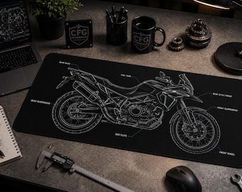 Schreibtischunterlage mit Bauplänen für Abenteuermotorräder | Technische Motorradzeichnung