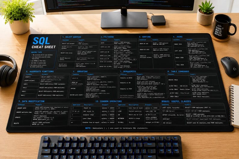 Alfombrilla de escritorio con hoja de trucos de SQL / Referencia de programación, tema oscuro imagen 1