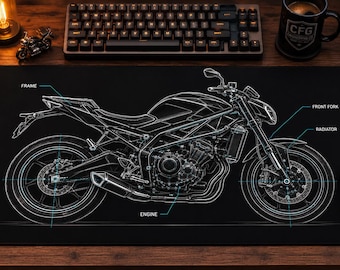 Schreibtischunterlage mit Bauplan eines nackten Motorrads | Technisches Mauspad mit Motorraddiagramm