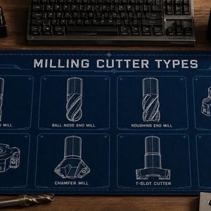 Może przedstawiać: Prostokątna ciemnoniebieska podkładka na biurko z białym technicznym wzorem typu blueprint zatytułowanym MILLING CUTTER TYPES. Przedstawia osiem różnych ilustracji narzędzi frezarskich oznaczonych jako Square End Mill, Ball Nose End Mill, Roughing End Mill, Shell Mill, Face Mill, Chamfer Mill, T-Slot Cutter i Dovetail Cutter.