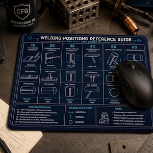 Puede incluir: Una alfombrilla de ratón rectangular de color azul oscuro con un diagrama técnico blanco titulado WELDING POSITIONS REFERENCE GUIDE. La impresión muestra varias posiciones de soldadura etiquetadas de 1G a 6G, incluyendo ejemplos de juntas y tuberías.