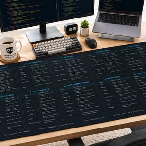 May include: A large rectangular black desk mat featuring a detailed white technical reference guide for DevOps and cloud computing. The mat displays ten distinct sections including Cloud Basics, Kubernetes Basics, IAM Concepts, and common commands.