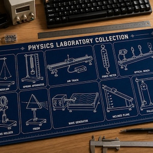 Op de afbeelding: Een rechthoekige bureauonderlegger met een donkerblauwe achtergrond en witte lijntekeningen van natuurkundige laboratoriumapparatuur. De tekst PHYSICS LABORATORY COLLECTION staat bovenaan, met gelabelde diagrammen waaronder een slinger, luchtkussenbaan, krachtmeter, optische bank, lenshouder, prisma, golfgenerator, hellend vlak en katrolproef.