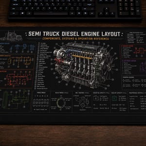 Puede incluir: Una alfombrilla de escritorio rectangular negra con un diagrama técnico detallado titulado Semi Truck Diesel Engine Layout. El gráfico incluye una ilustración central del motor, varios esquemas de sistemas, listas de componentes y datos de mantenimiento.