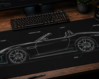 Schreibtischunterlage mit Bauplan eines Cabrio-Sportwagens | Mauspad mit Roadster-Umriss