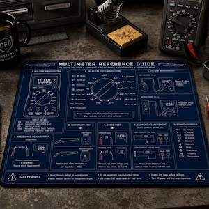 May include: A rectangular dark blue desk mat featuring a white printed Multimeter Reference Guide. The graphic includes diagrams for voltage, current, and resistance measurements, selector switch positions, continuity and diode tests, and common symbols.