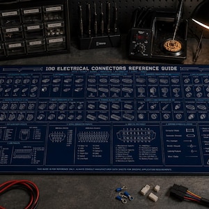 May include: A dark blue rectangular desk mat featuring a white technical print titled 100 Electrical Connectors Reference Guide. The mat displays detailed diagrams, pinout configurations, and connector types for various electrical components.