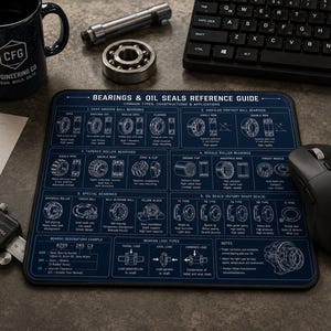 Alfombrilla de escritorio con rodamientos y retenes de aceite - Regalo para ingenieros mecánicos y alfombrilla de ratón con tabla de referencia de rodamientos