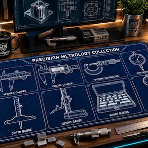 Peut inclure: Un tapis de bureau rectangulaire bleu foncé avec un graphique de style plan blanc intitulé PRECISION METROLOGY COLLECTION. Il présente des illustrations d'un pied à coulisse, d'un micromètre, d'un comparateur, d'une jauge de profondeur, d'une jauge de hauteur, de cales étalons et d'un alésomètre avec leurs étiquettes.