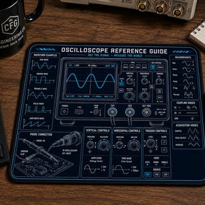 May include: A rectangular black mousepad featuring a detailed white and blue technical diagram of an oscilloscope. The print includes the text OSCILLOSCOPE REFERENCE GUIDE, SEE THE SIGNAL, MEASURE THE WORLD, and various labels for controls and waveforms.
