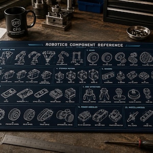 May include: A dark blue rectangular desk mat featuring a white technical diagram titled ROBOTICS COMPONENT REFERENCE. The print displays various robotic parts including arms, gears, motors, sensors, controllers, end effectors, and wheels.