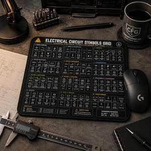 May include: A black rectangular desk mat featuring a white grid of electrical circuit symbols, labelled Electrical Circuit Symbols Grid, with sections for power, wires, switches, semiconductors, sensors, and logic gates, alongside a digital calliper.
