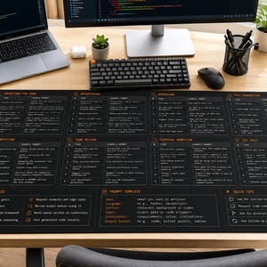 May include: A large black desk mat featuring a detailed white and orange grid layout of programming prompts, coding best practices, and a prompt template. The mat includes sections for documentation, code review, debugging, and test generation.