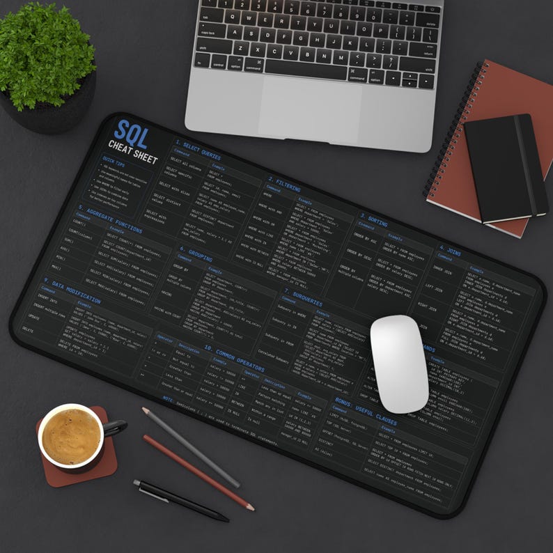 Alfombrilla de escritorio con hoja de trucos de SQL / Referencia de programación, tema oscuro imagen 7