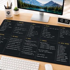 Puede incluir: Una alfombrilla de escritorio rectangular negra con fragmentos de código de programación impresos en amarillo, organizados en diez secciones distintas, incluyendo variables, funciones, matrices, objetos, bucles, condiciones, DOM y métodos útiles.