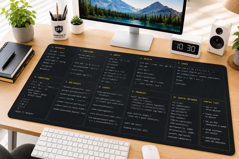 Tapete de mesa com guia rápido de JavaScript | Referência de programação, ferramenta para desenvolvedores imagem 1