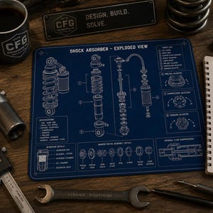 May include: A rectangular blue desk mat featuring a white technical blueprint of a shock absorber in an exploded view. The print includes detailed diagrams, a parts list, and specifications labeled 'Shock Absorber - Exploded View' in white text.