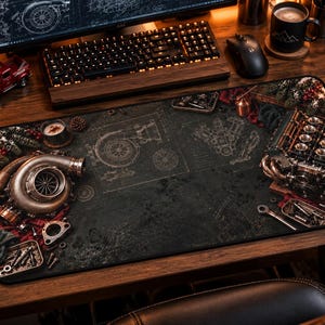 May include: A rectangular desk mat measuring 12 inches by 22 inches, featuring a dark, textured background with technical illustrations of a turbocharger and a V8 engine, accented with small mechanical parts and festive holiday greenery.