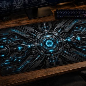 May include: A rectangular desk mat featuring a complex, dark mechanical design with intricate black and gray circuitry patterns accented by glowing neon blue light lines and a central circular core element, creating a high-tech aesthetic.
